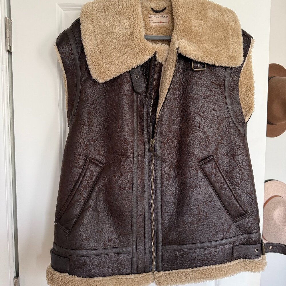 Free People We The Free Sherpa Aviator Vest | Brown Faux Leather | NWOT | Size M